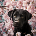 A charming puppy under a cherry blossom sky