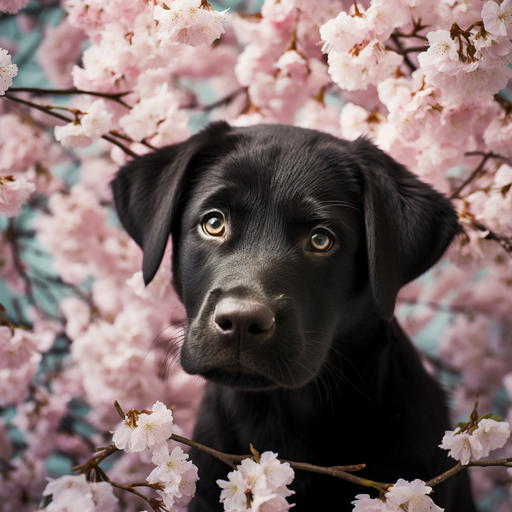 A charming puppy under a cherry blossom sky