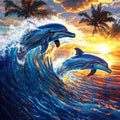 Playful dolphins under a sunset