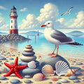Möwe und Leuchtturm am Meer