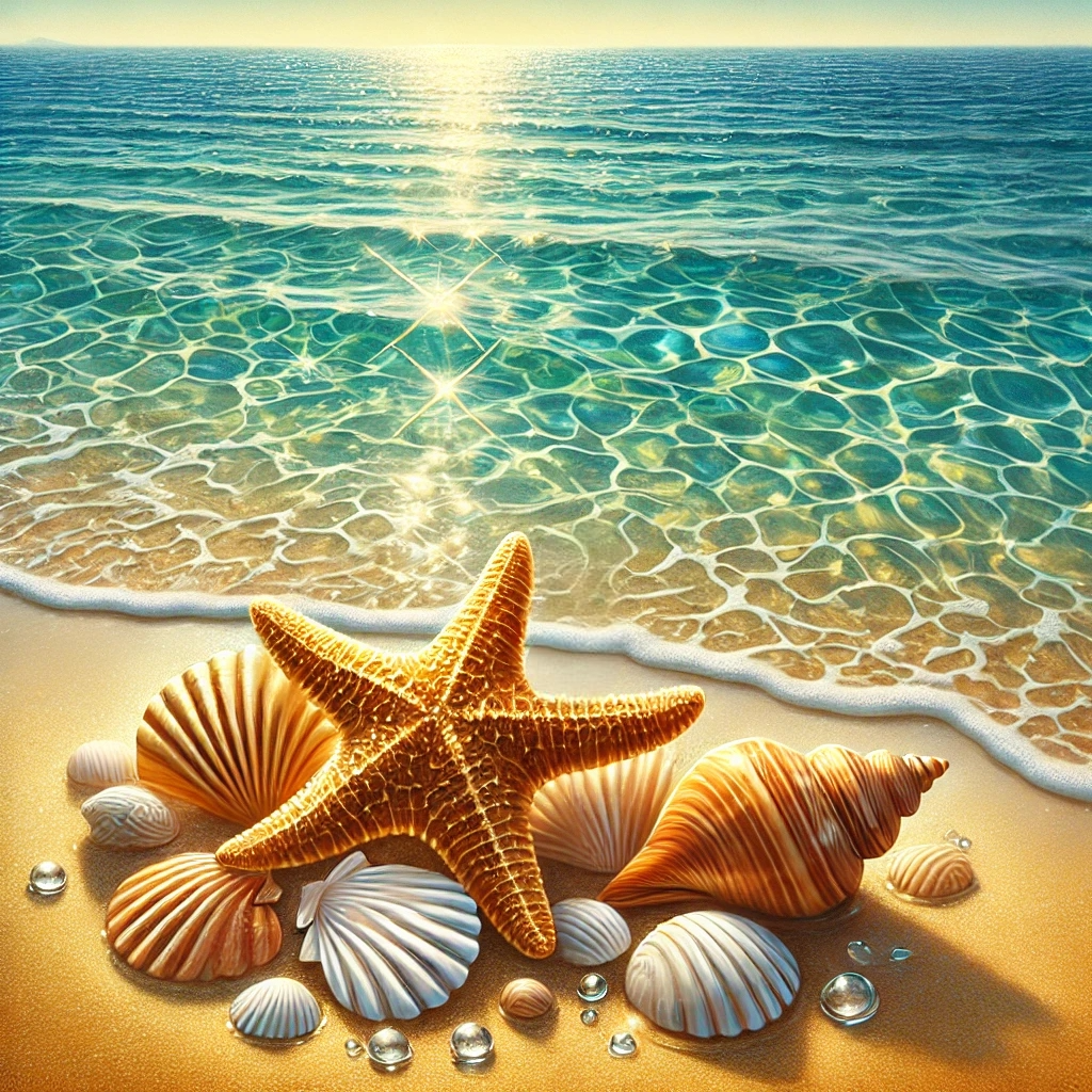 Étoile de mer et coquillages au bord des vagues