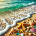 Seesterne und Muscheln am goldenen Ufer