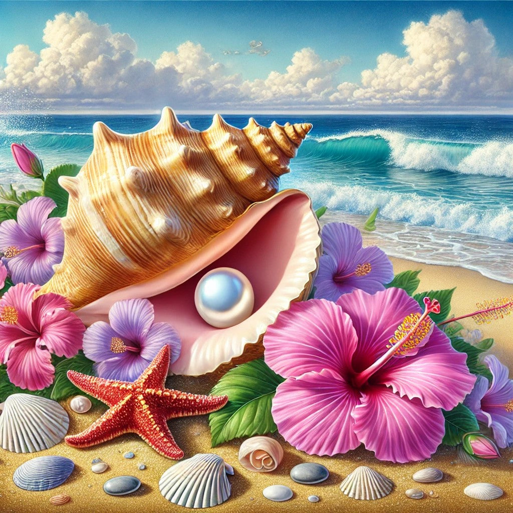 Perle nacrée et fleurs d’hibiscus sur la plage
