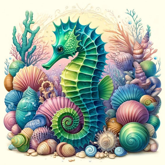 Hippocampe et coquillages multicolores