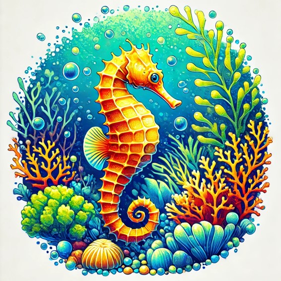 Hippocampe entouré de bulles et de coraux