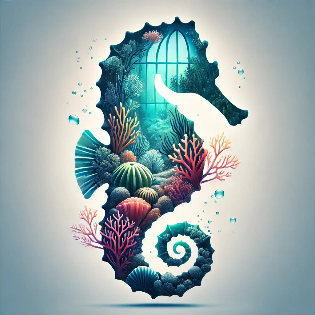 Hippocampe et récif fusionnés en une œuvre d’art