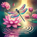 Libellule scintillante sur un étang de lotus