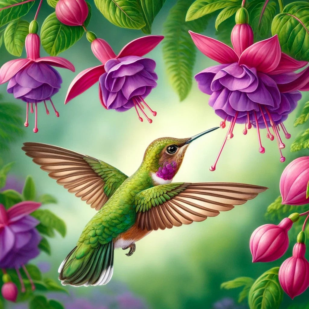Le colibri et les pétales en cascade
