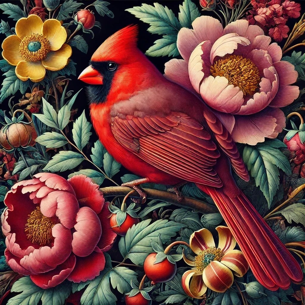 Cardinal et pivoines dans une scène artistique