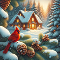 Cardinal et pommes de pin en hiver