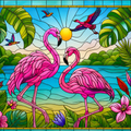 Flamants roses dans un vitrail tropical