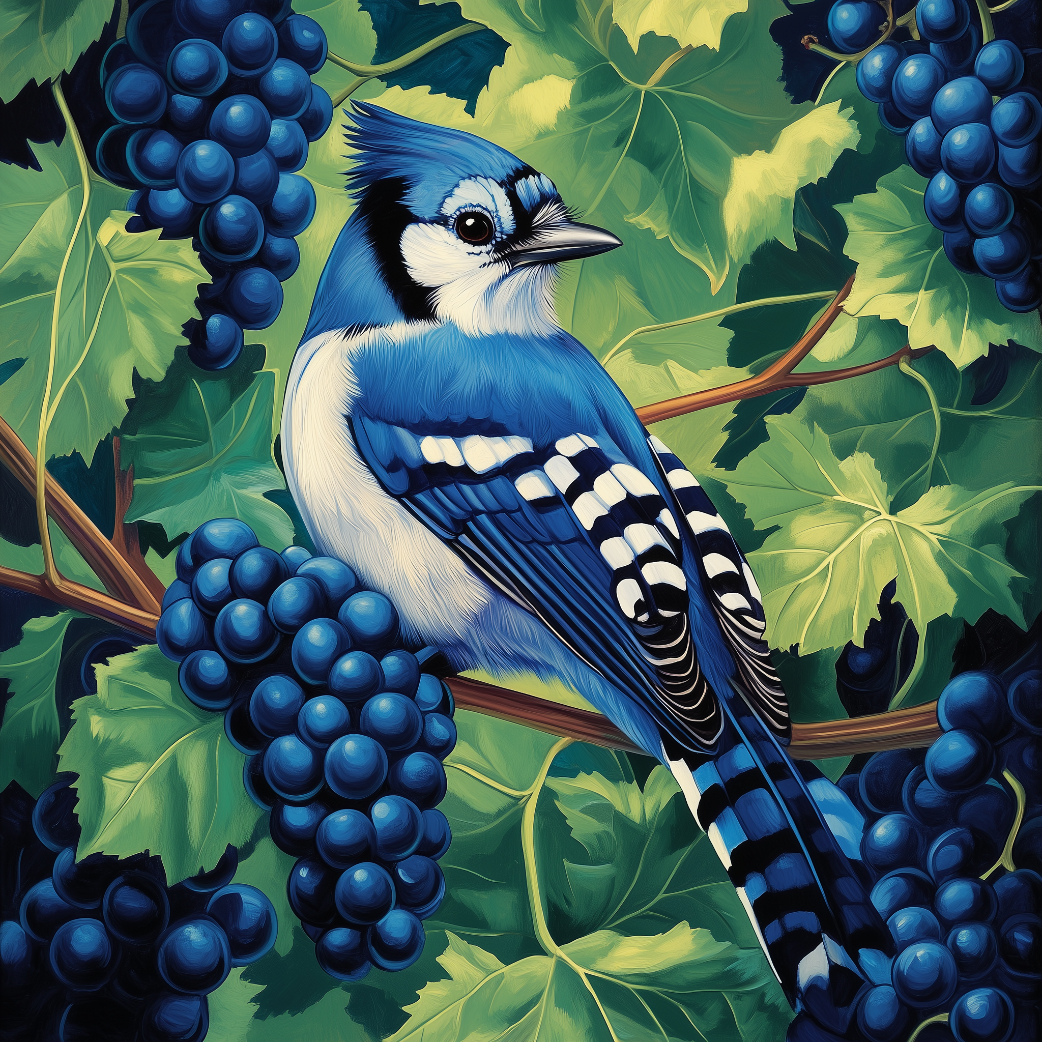 Geai bleu dans les grappes de raisin