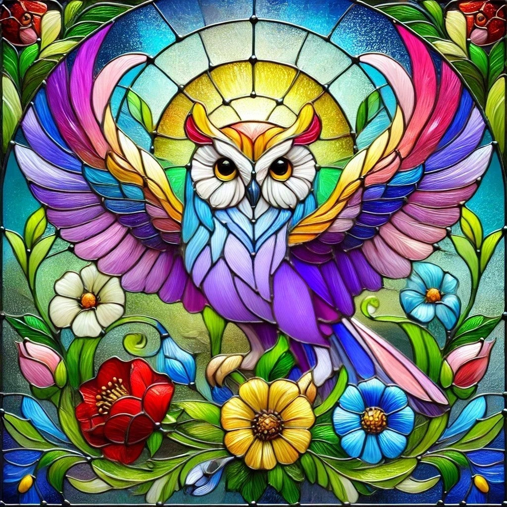 La splendeur d'un hibou en vitrail