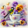 La mésange élégante sur une tasse fleurie