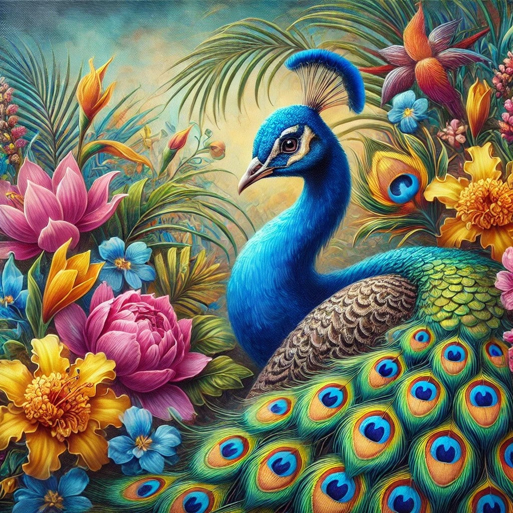 La Magie du Paon et des Fleurs Colorées