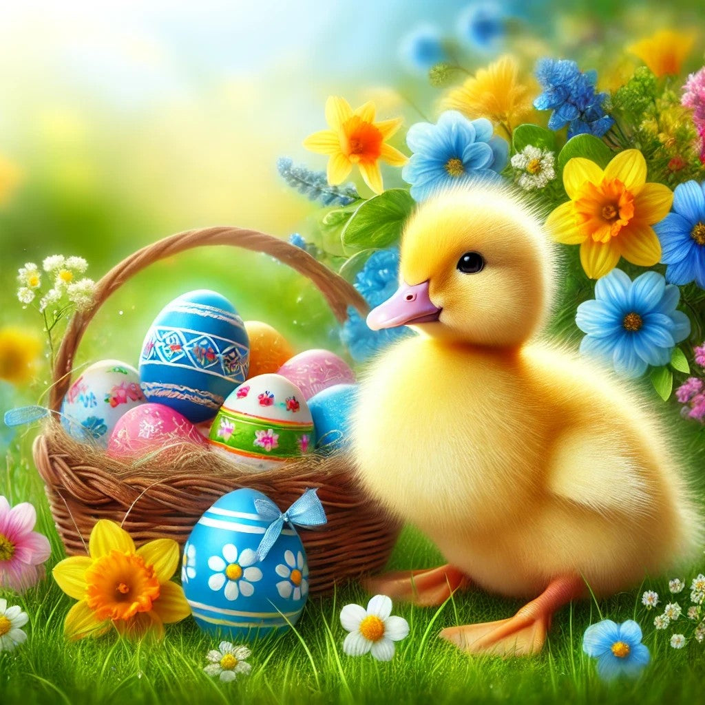 Poussin joyeux et œufs colorés