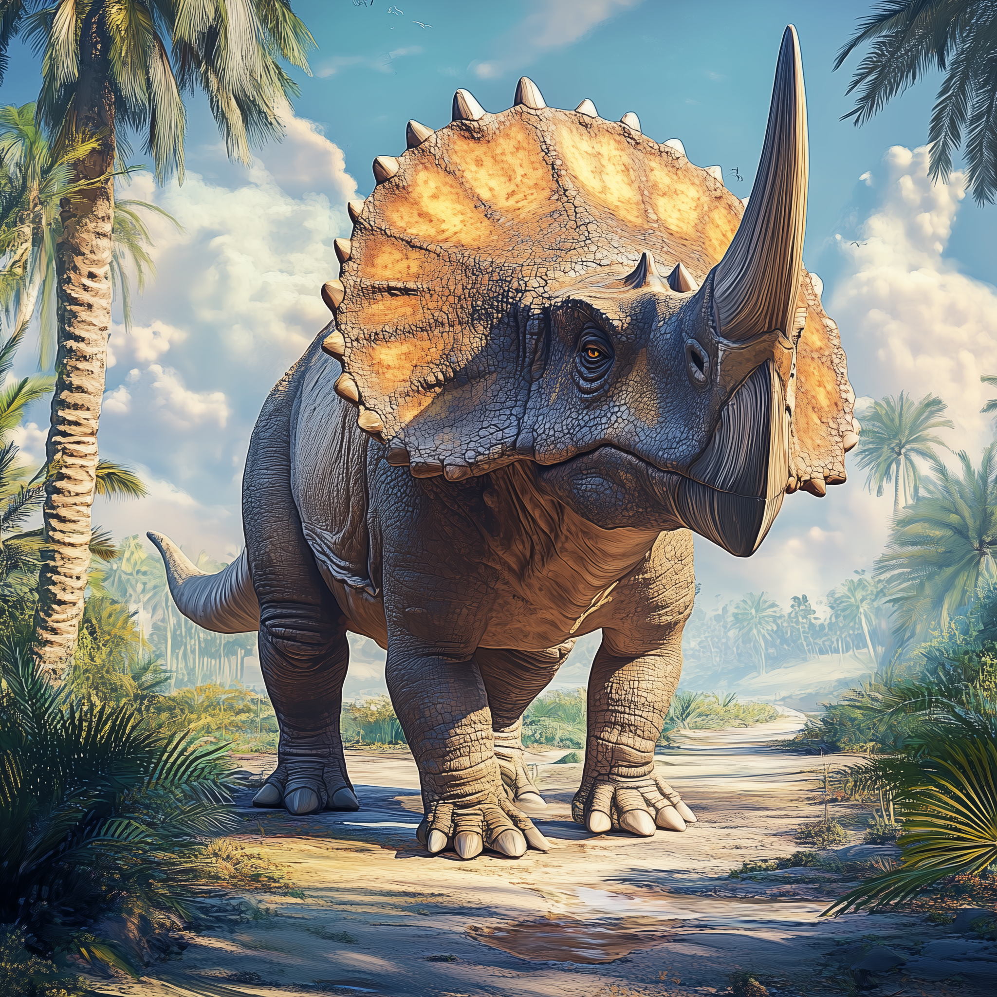 Triceratops marchant à travers la vallée