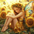 Sun fairy in the heart of the sunflowers