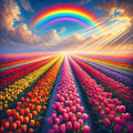 Regenbogen und mehrfarbige Tulpen