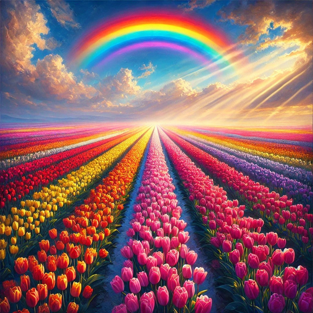 Arc-en-ciel et tulipes multicolores
