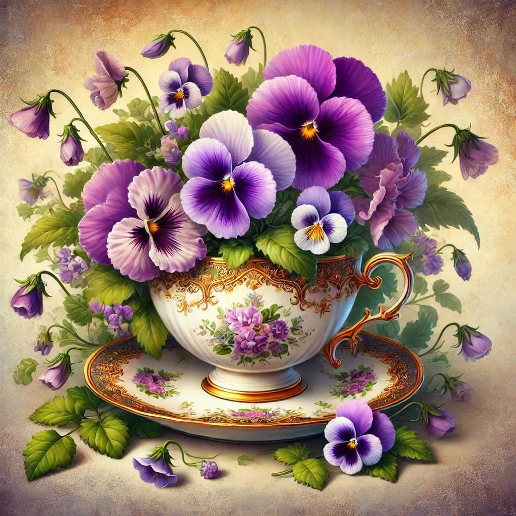 Tasse fleurie et pensées violettes