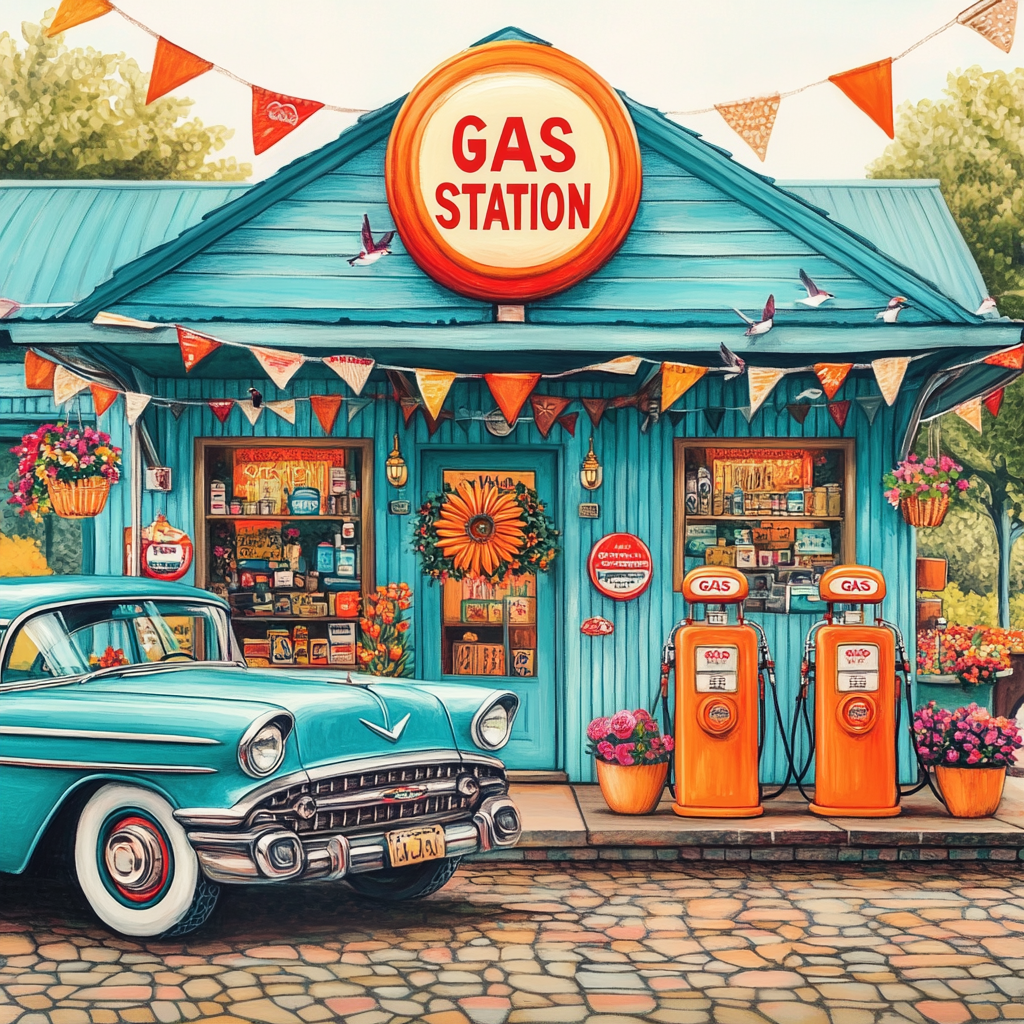 Pause en station-essence vintage