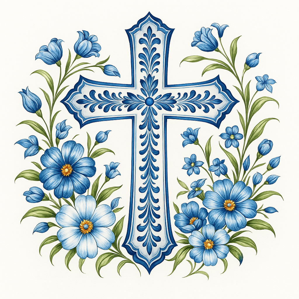 Croix sacrée aux fleurs bleues