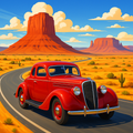 Paysage mythique et voiture d’antan