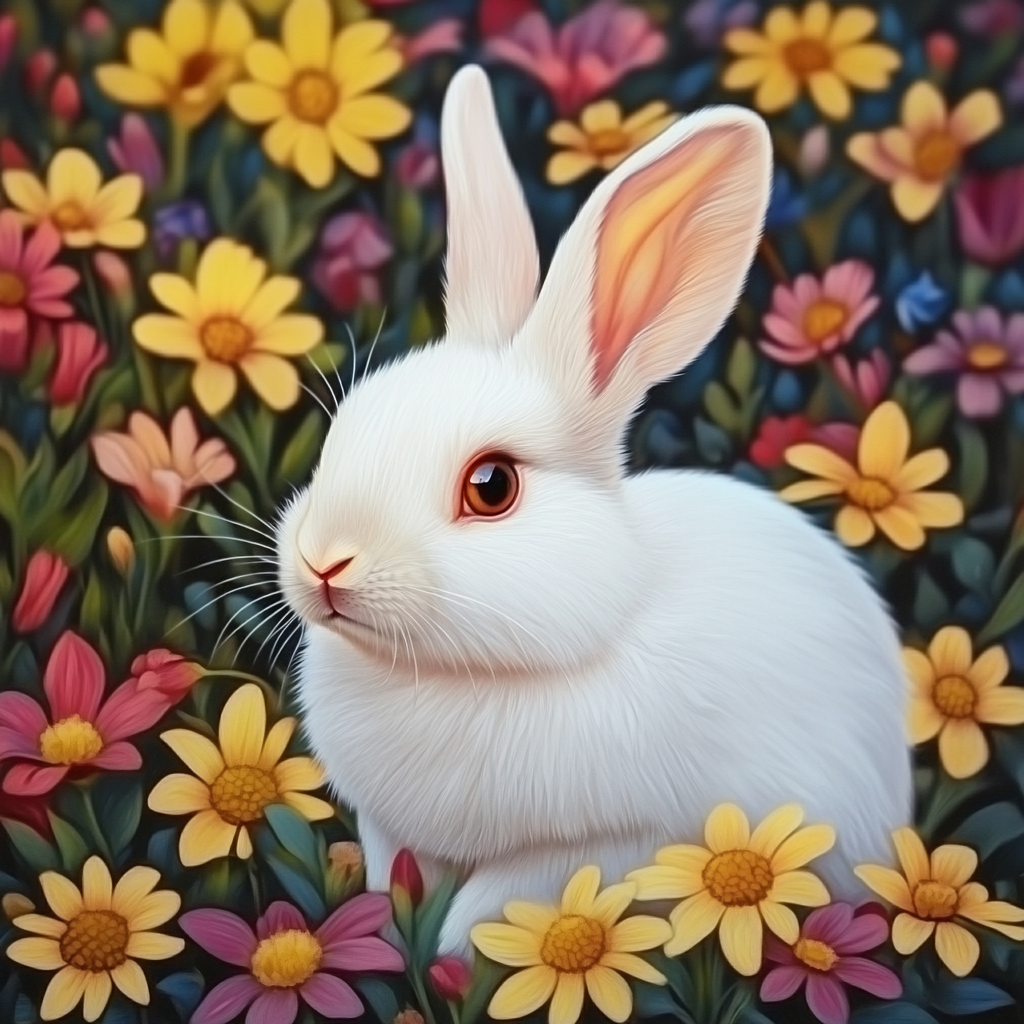 Lapin blanc au milieu des couleurs