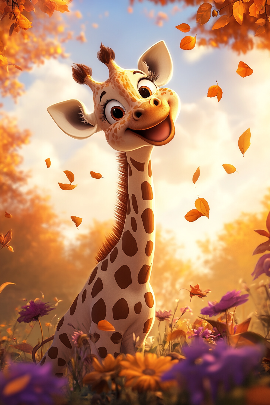 Journée d'automne pour une girafe joyeuse