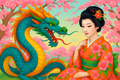 Drache und Schönheit unter Kirschblüten