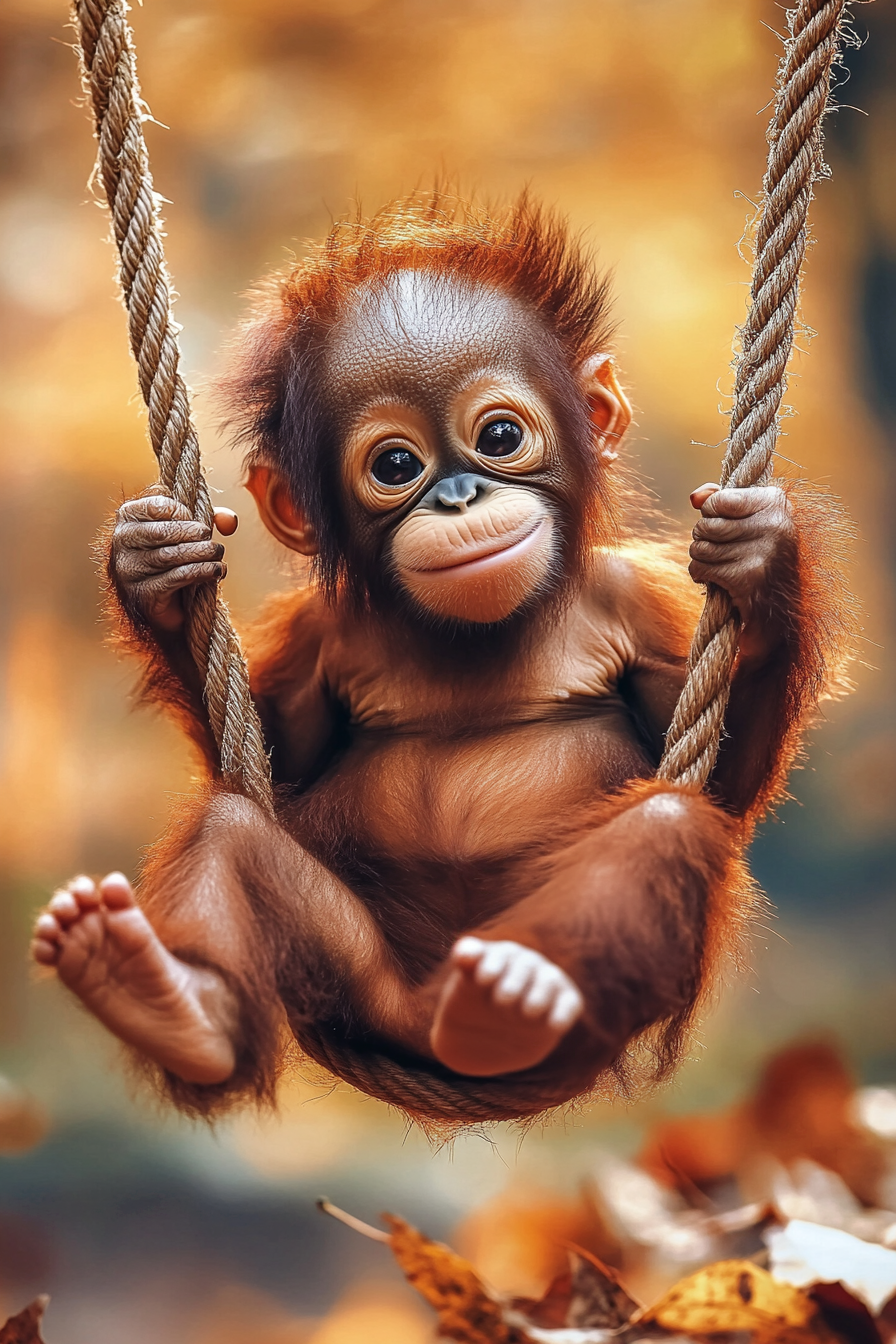 Bébé orang-outan sur sa balançoire