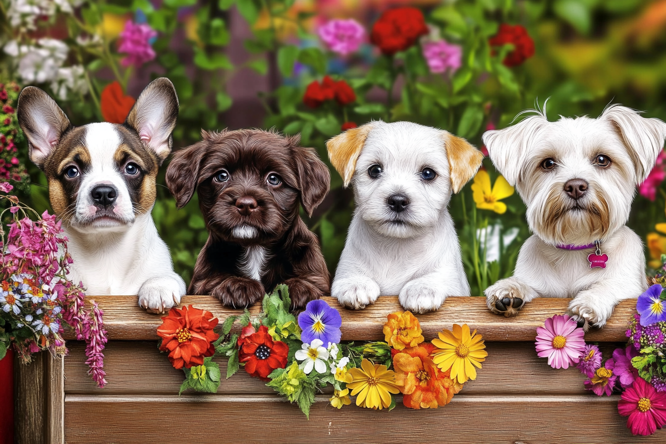 Chiots + fleurs = trop de douceur