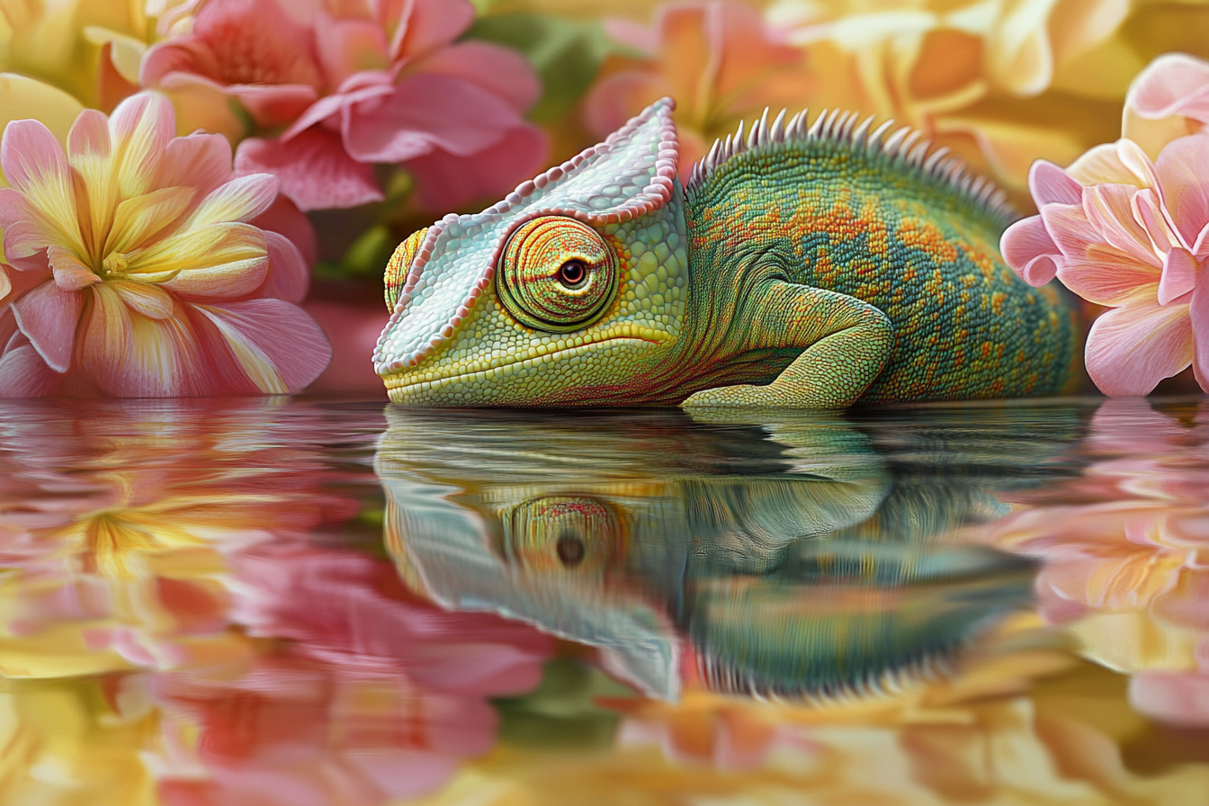 Caméléon et la magie des pétales