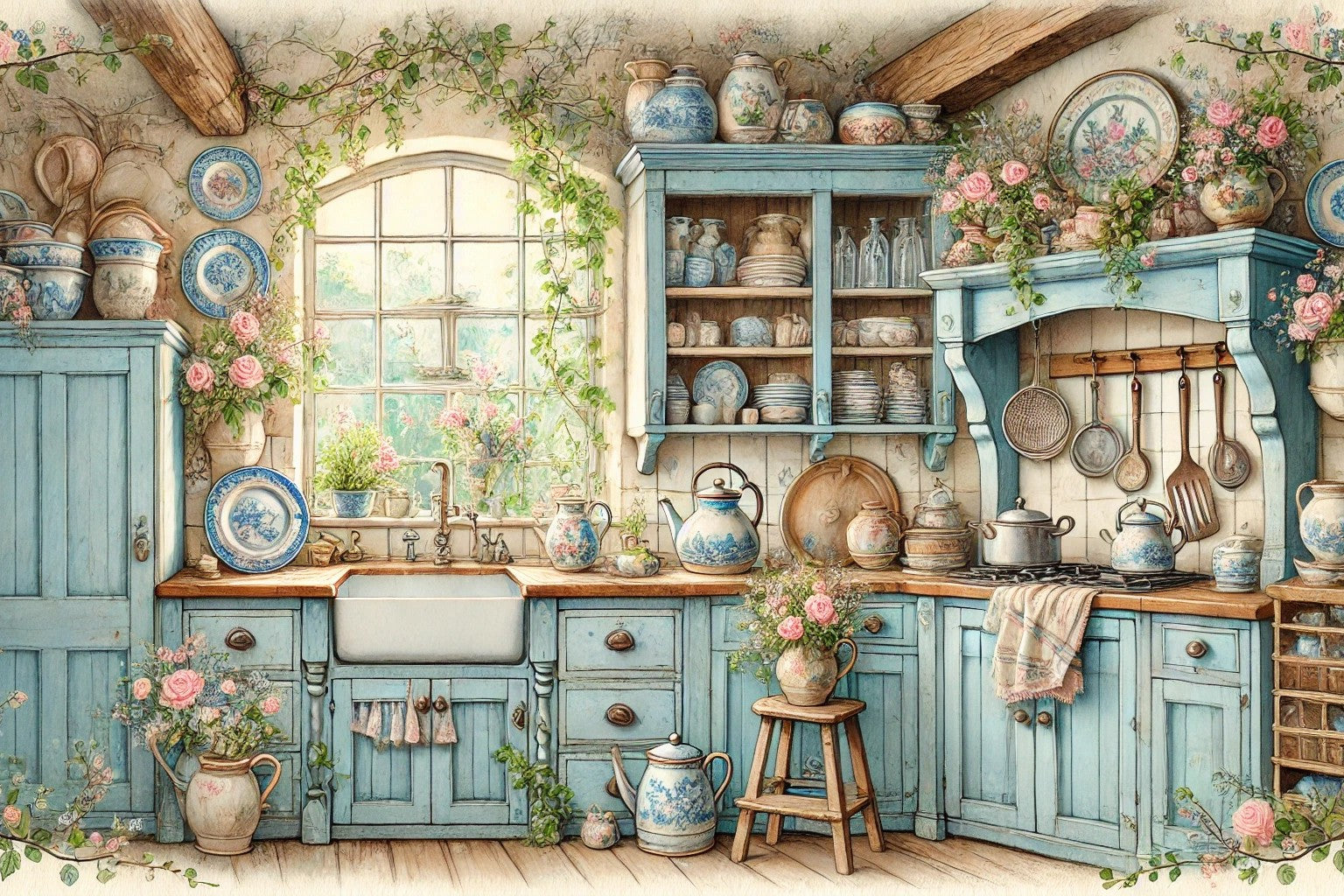 Cuisine rustique au charme fleuri
