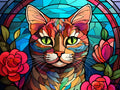 Majestätische Katze in einem floralen Glasfenster
