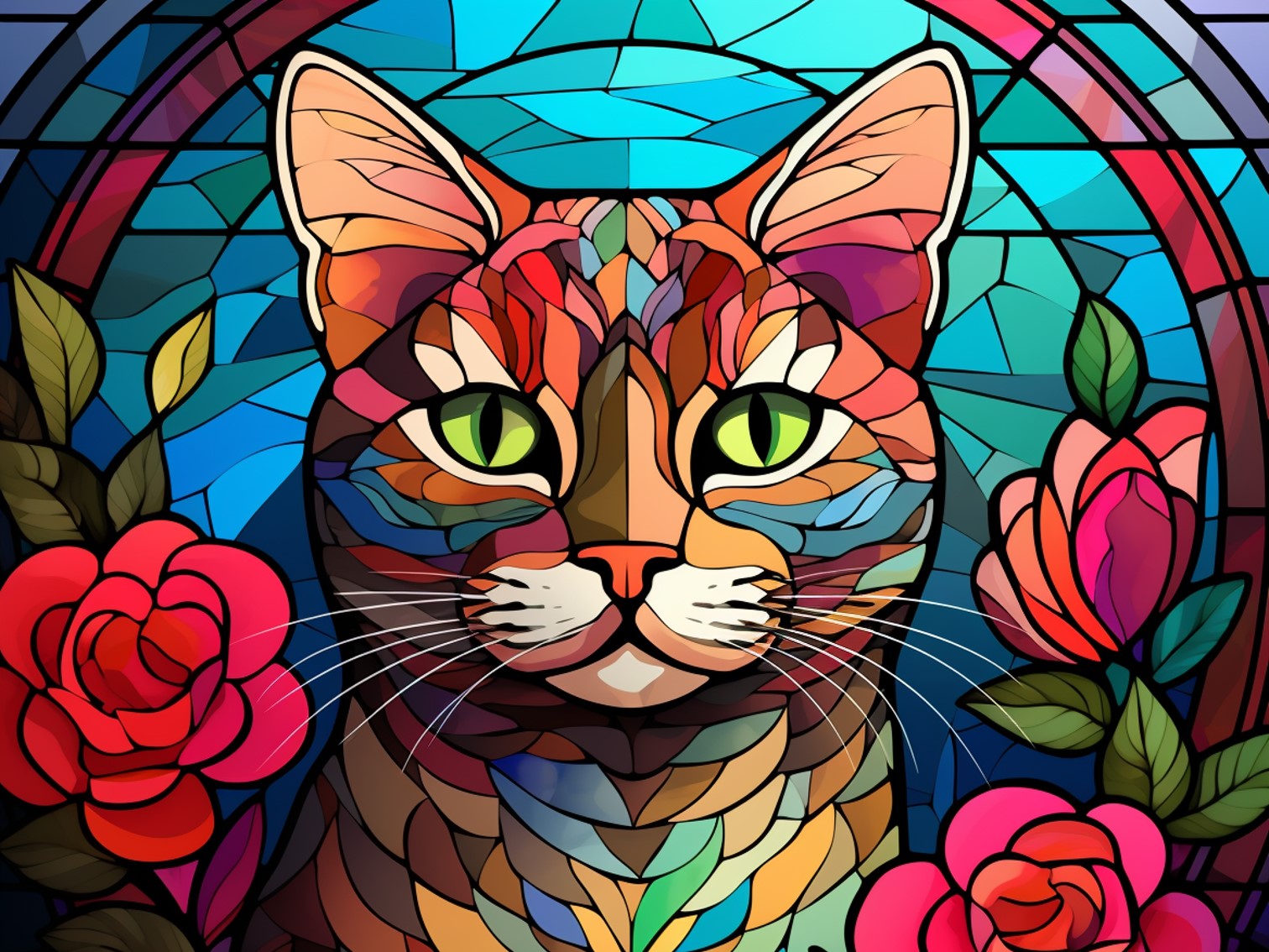 Chat majestueux dans un vitrail floral