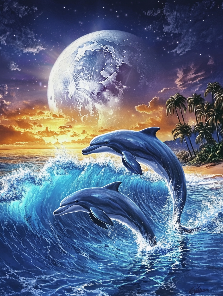 Magie des dauphins et de la lune