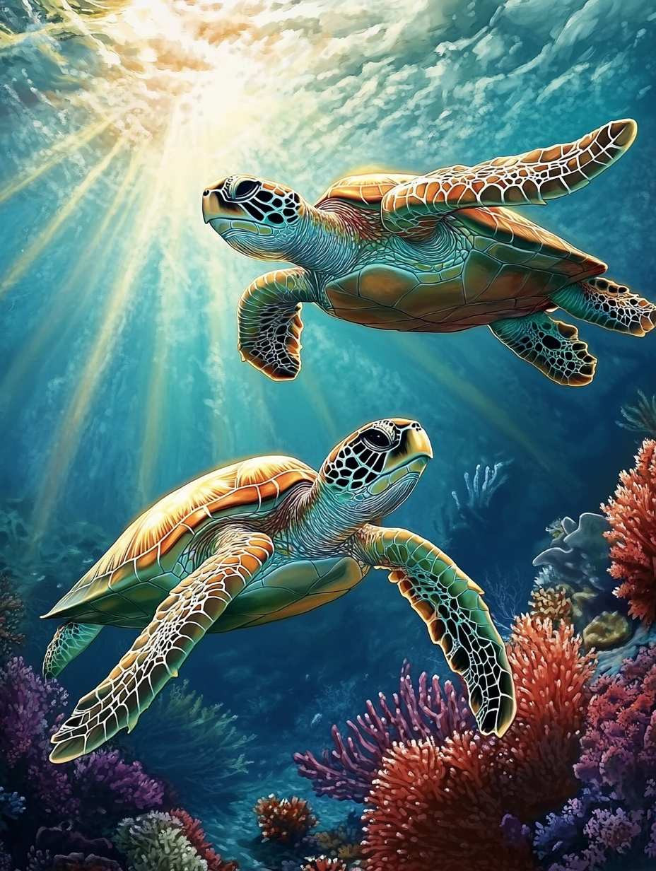 Tortues marines en pleine lumière