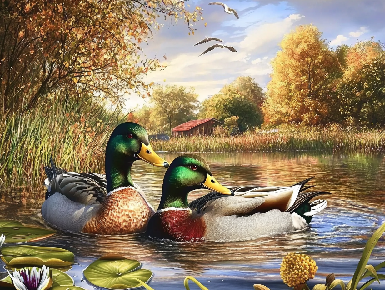 Couple de canards dans un décor champêtre
