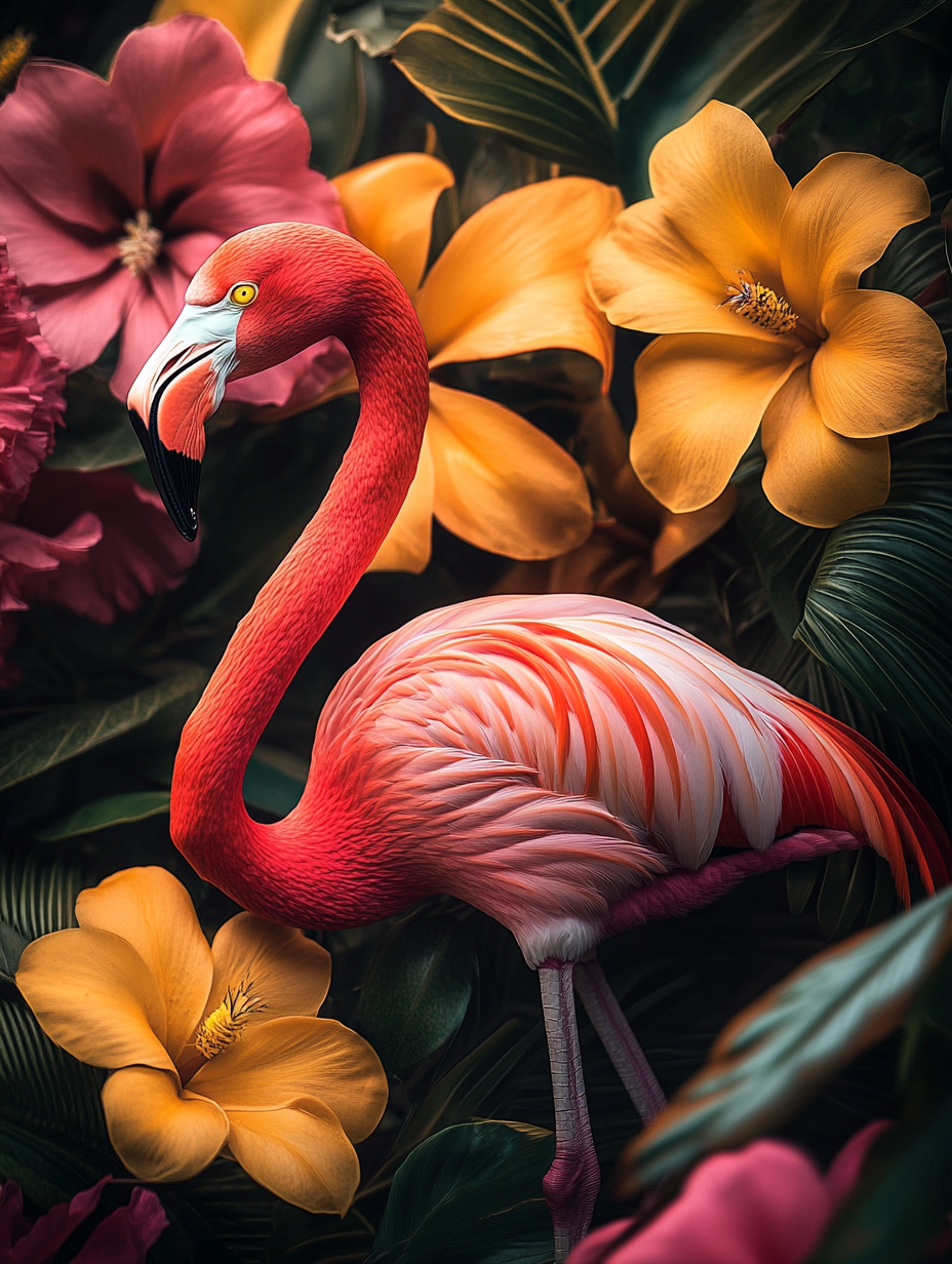 Flamant et fleurs dans un tableau vivant