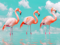 Trio of pink flamingos in a pastel sky