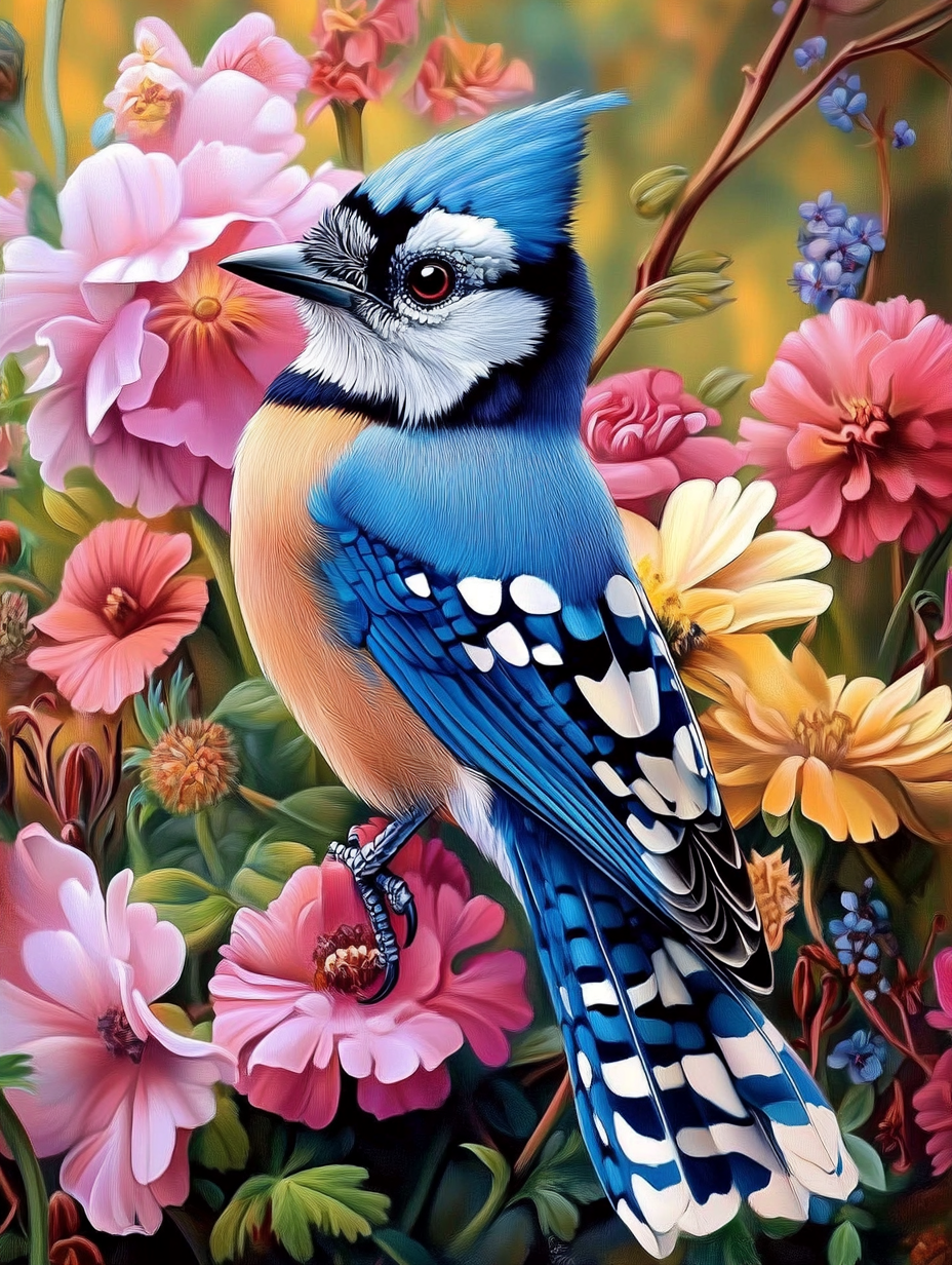 La splendeur d’un geai bleu parmi les fleurs