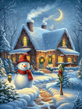 Der Schneemann und das erleuchtete Haus