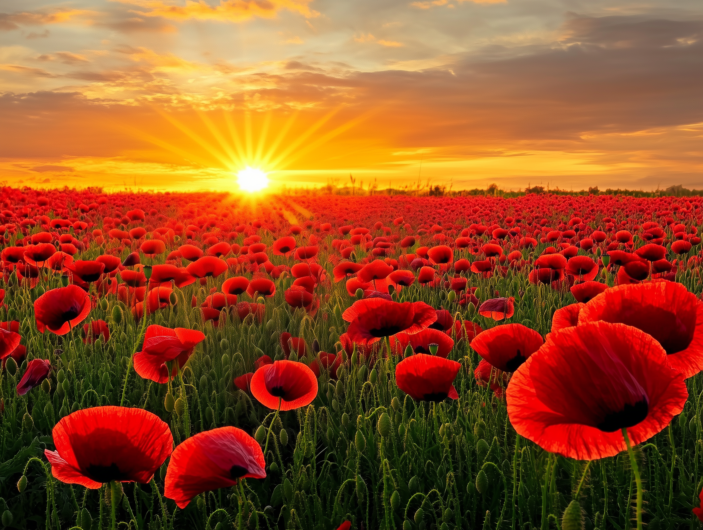 Matin lumineux sur un champ de coquelicots.