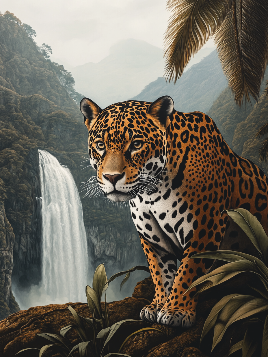 Jaguar Majestueux Face à la Cascade