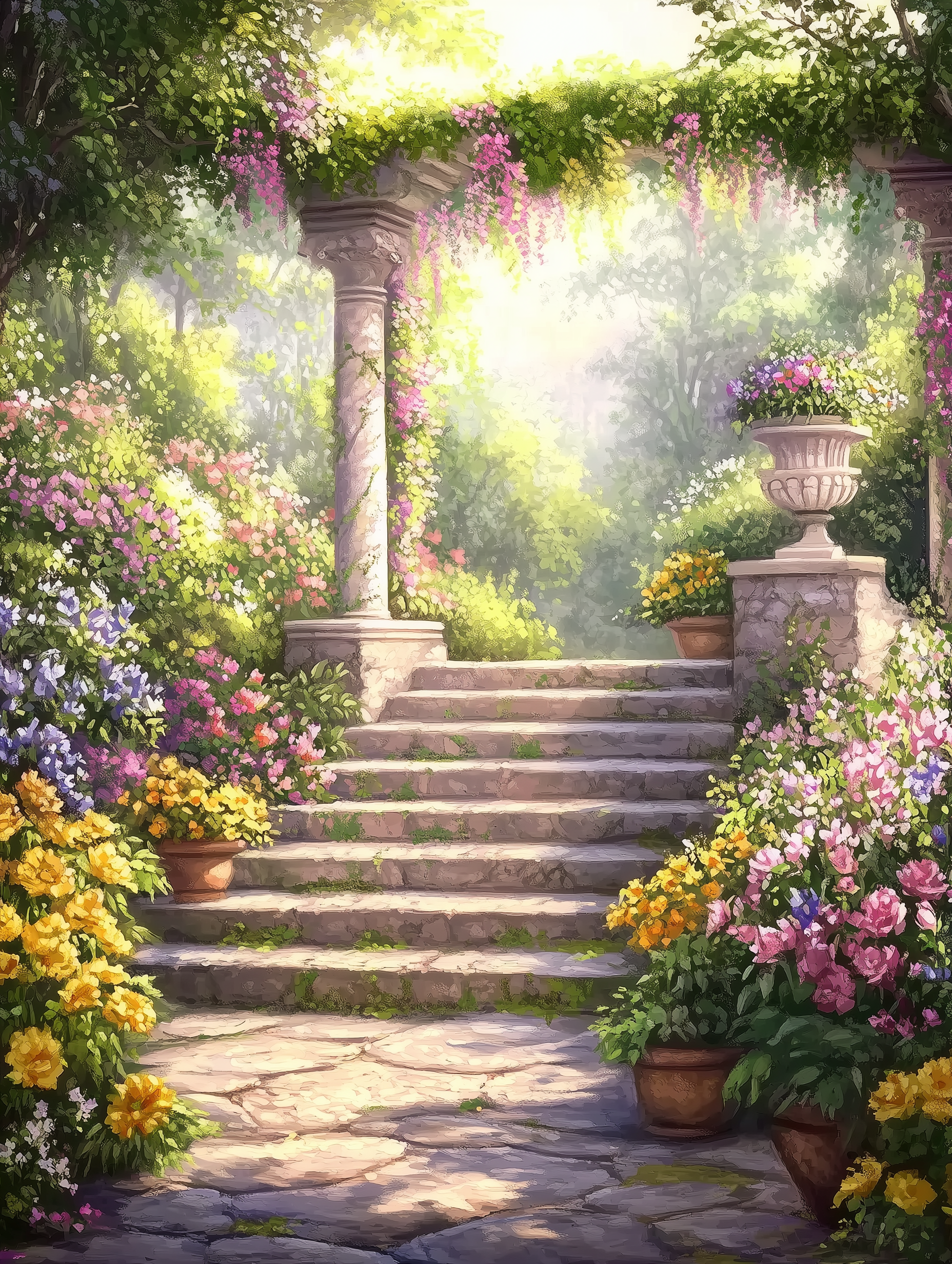Allée fleurie sous les colonnes