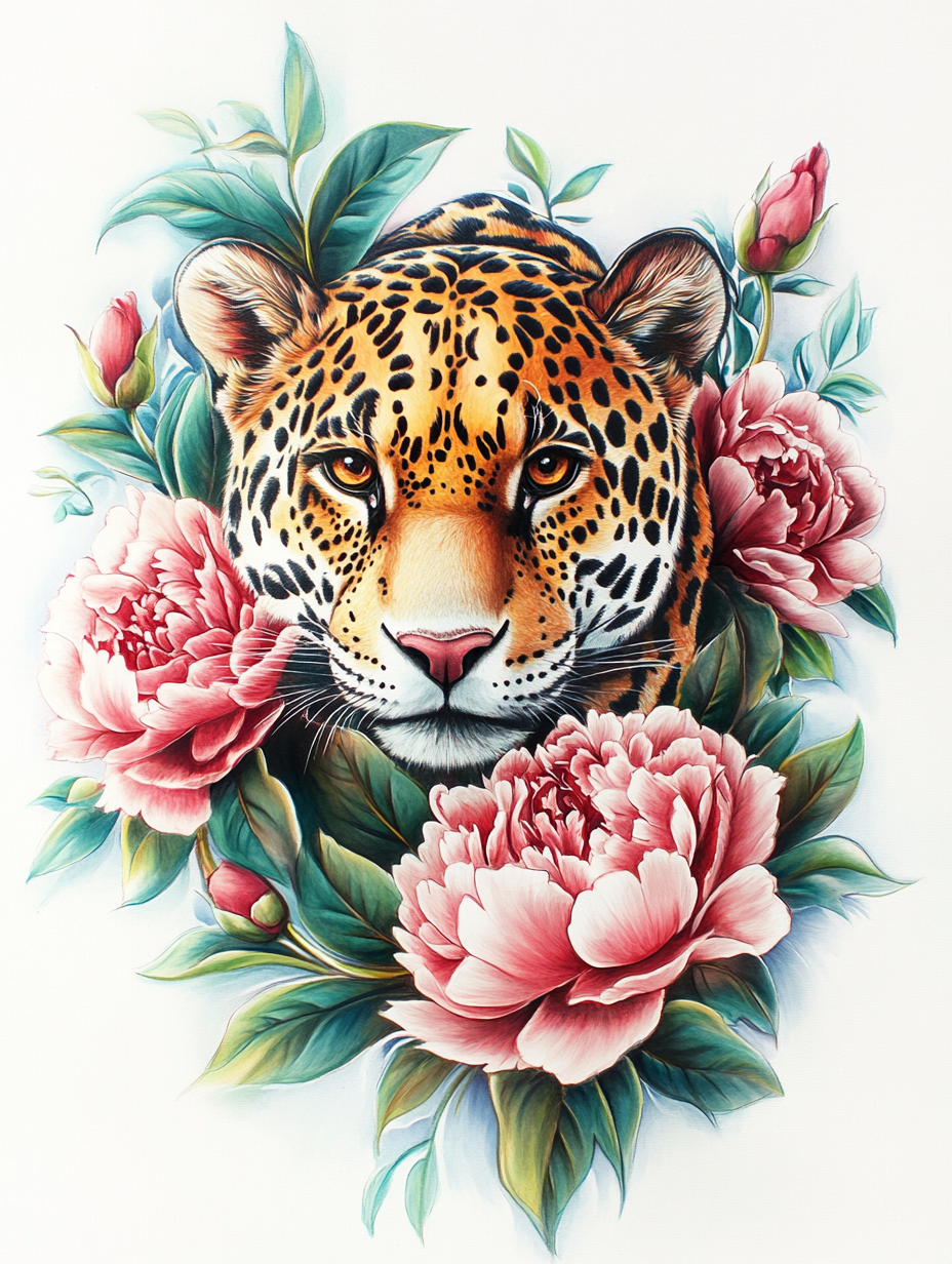 Félin Sauvage et Pivoines