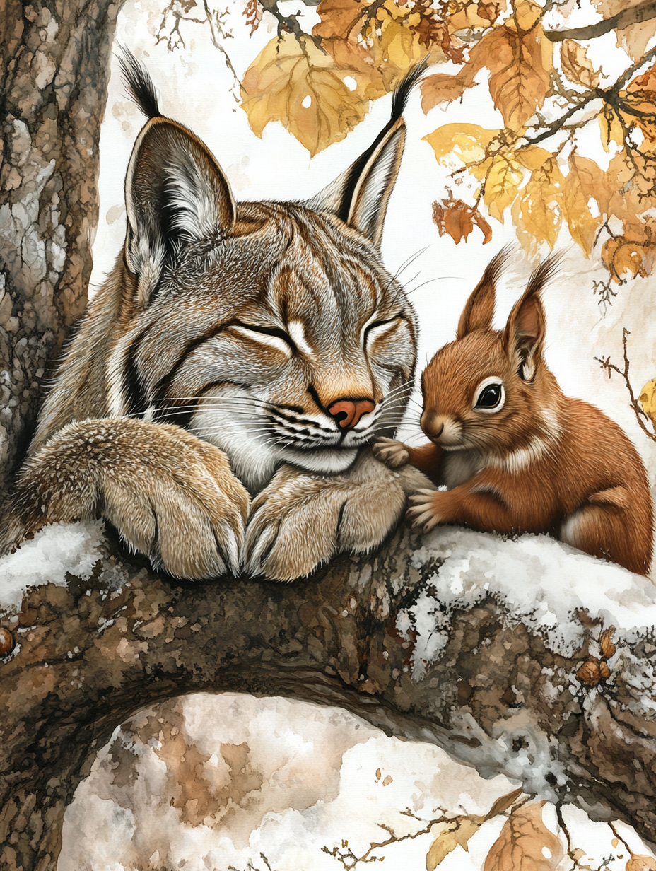 Complicité entre lynx et écureuil