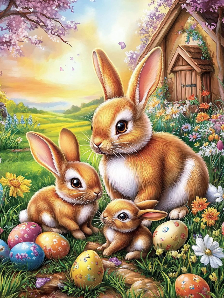 Lapins joyeux et œufs colorés